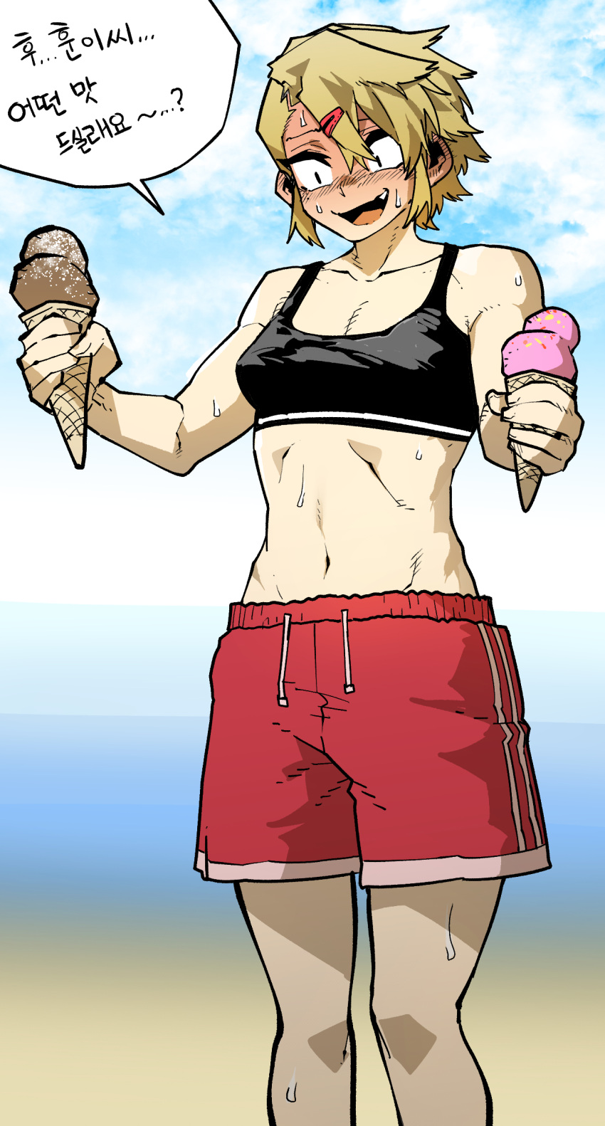 absurdres beach blonde_hair blush breasts collarbone day female food hair_between_eyes hair_ornament hairclip highres ice_cream ice_cream_cone jeong_harim korean_commentary korean_text male_swimwear navel nervous oerba_yun_fang open_mouth outdoors parkgee sand short_hair smile solo sports_bra suicide_boy sweat sweatdrop swim_trunks tomboy