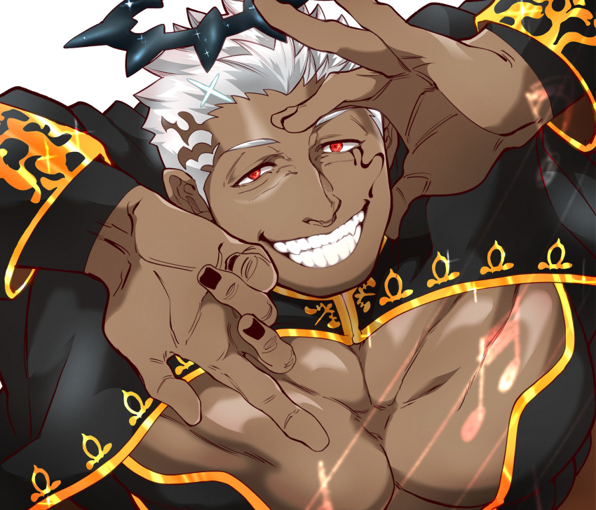 1boy bara black_nails cleavage_cutout clothing_cutout dark-skinned_male dark_skin evil_smile grin halo highres israfil_(housamo) kizami_nori_to_yamaimo large_pectorals looking_at_viewer male_focus muscular muscular_male pectorals red_eyes short_hair smile solo tokyo_afterschool_summoners upper_body white_hair zabaniyya_(housamo)