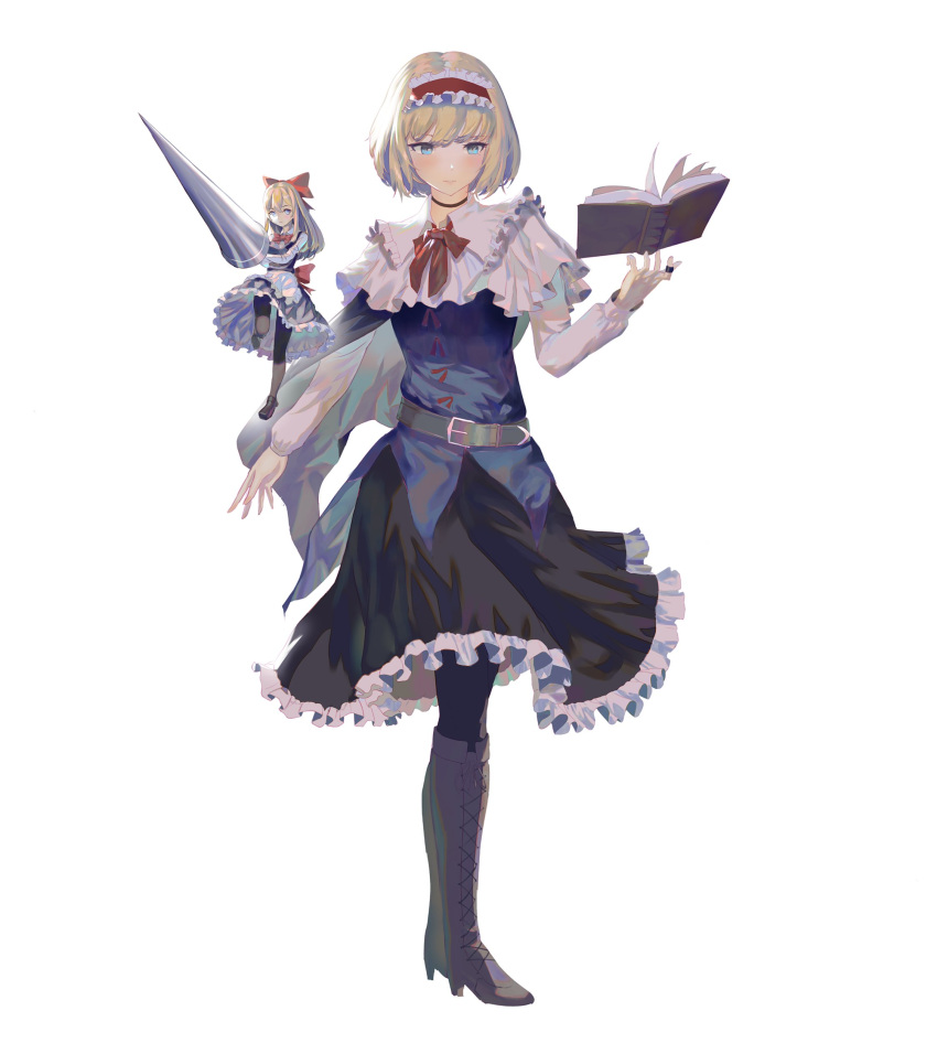 absurdres alice_margatroid ascot black_skirt blonde_hair blue_dress blue_eyes boots capelet doll dress female frilled_ascot frills grimoire_of_alice hairband high_heels highres jewelry knee_boots lance lolita_hairband painterly pantyhose polearm puffy_short_sleeves puffy_sleeves puppet_rings red_ascot red_hairband ring shanghai_doll short_hair short_sleeves simple_background skirt solo teasmacker touhou weapon white_background