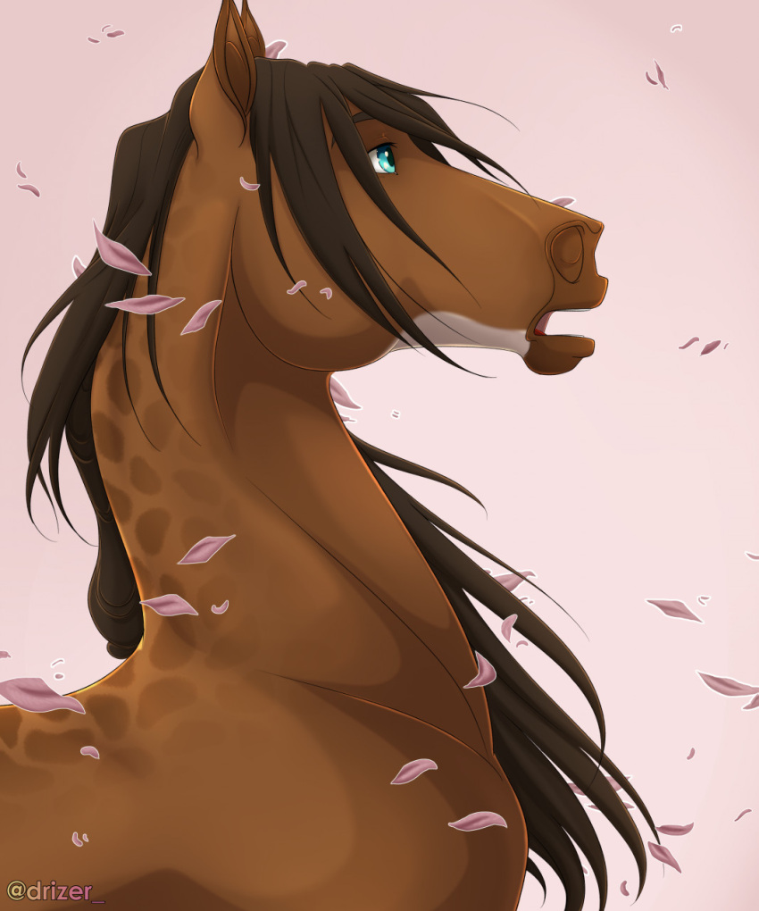 2021 ambiguous_gender blue_eyes brown_body brown_hair digital_media_(artwork) dolero drizer equid equine falling_leaves feral hair hi_res horse mammal mane open_mouth shocked simple_background solo teeth