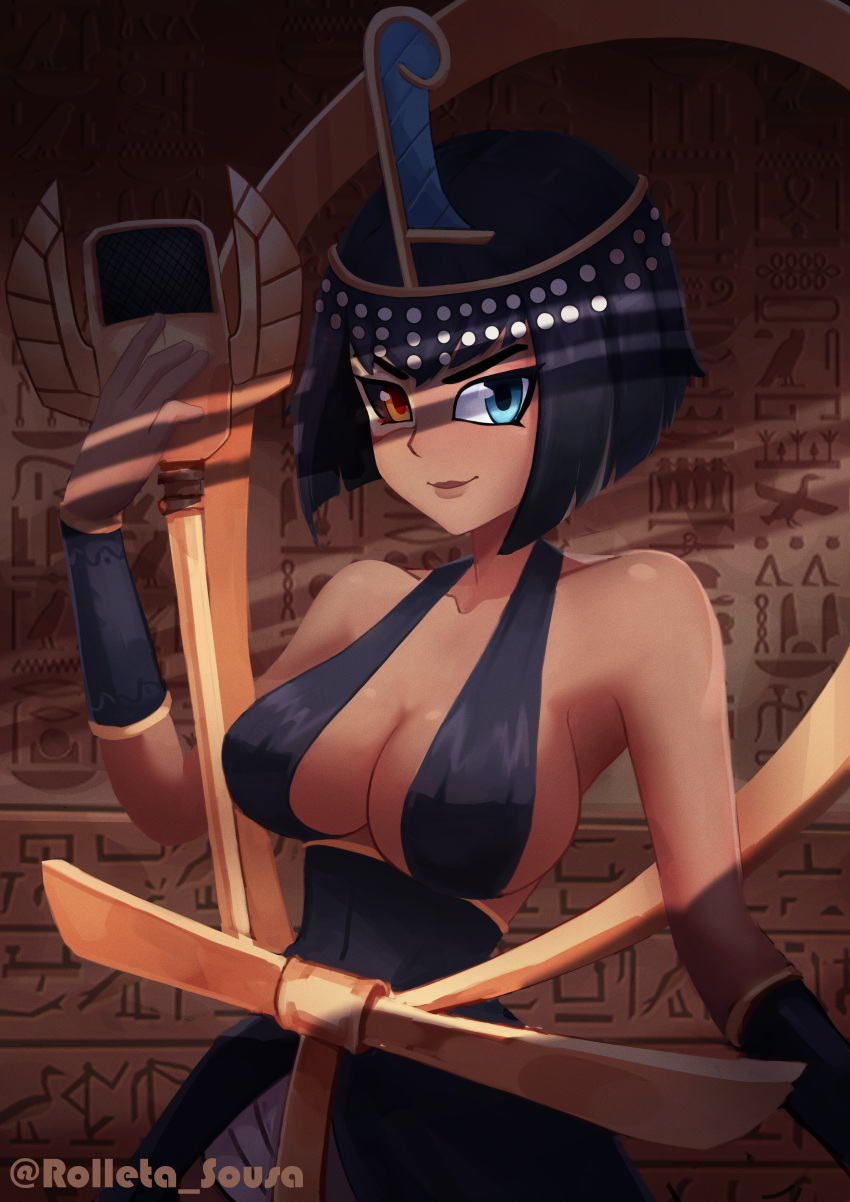 absurdres artist_name bare_shoulders black_dress black_hair blue_eyes bob_cut breasts cleavage dark-skinned_female dark_skin dress egyptian eliza_(skullgirls) female hieroglyphics highres looking_at_viewer md5_mismatch microphone rolleta_sousa sekhmet_(skullgirls) short_hair sideboob skullgirls smile solo twitter_username