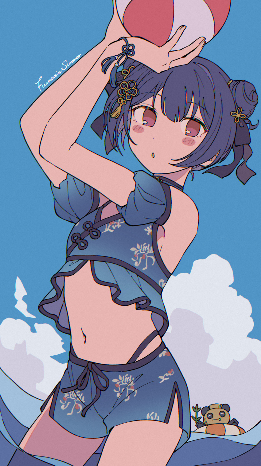 absurdres arm_guards arms_up ball beachball bikini black_hair black_ribbon blue_bikini blush breasts cloud cloudy_sky day dot_nose double_bun female hair_between_eyes hair_bun hair_ornament hair_ribbon highres holding holding_ball idolmaster idolmaster_shiny_colors innertube looking_at_viewer morino_rinze navel niyororinpayamaru ocean parted_lips red_eyes ribbon short_hair side_slit sky small_breasts solo standing straw_doll swim_ring swimsuit wrist_ribbon