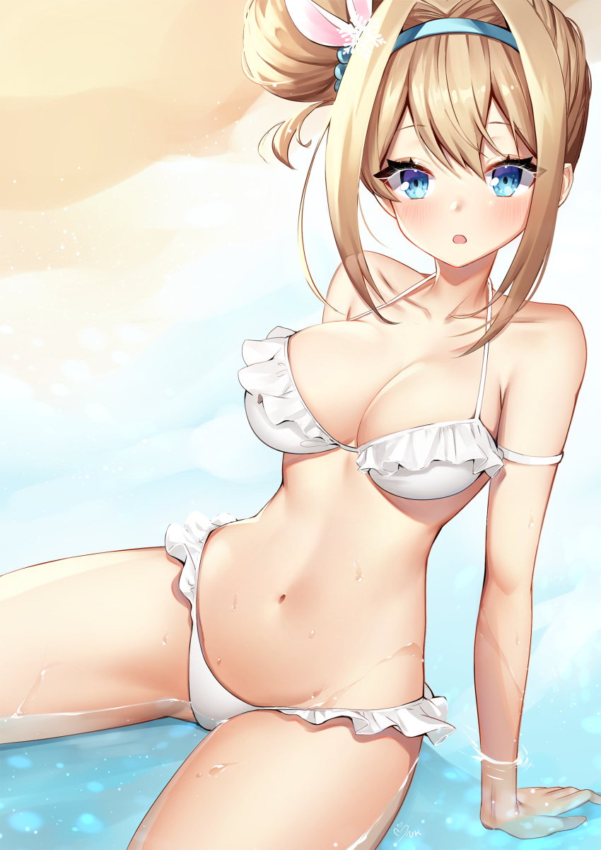 :o absurdres ankkoyom arm_strap arm_support bare_shoulders bikini blonde_hair blue_eyes blue_hairband blush breasts cleavage collarbone day female frilled_bikini frills girls'_frontline hair_bun hair_ornament hairband highres leaning_back looking_at_viewer medium_breasts navel official_alternate_costume open_mouth outdoors sand shallow_water sidelocks single_hair_bun single_side_bun sitting snowflake_hair_ornament solo stomach suomi_(girls'_frontline) suomi_(midsummer_pixie)_(girls'_frontline) swimsuit water white_bikini