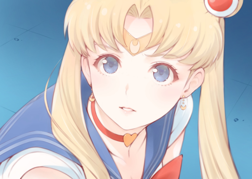 bishoujo_senshi_sailor_moon bishoujo_senshi_sailor_moon_s blonde_hair blue_background blue_eyes blue_sailor_collar bow bowtie breasts choker circlet cleavage collarbone crescent crescent_earrings derivative_work earrings female from_side ha-ru hair_ornament hair_over_shoulder heart heart_choker jewelry long_hair magical_girl meme parted_bangs parted_lips red_bow red_bowtie red_choker sailor_collar sailor_moon sailor_moon_redraw_challenge_(meme) sailor_senshi_uniform school_uniform screenshot_redraw serafuku solo sweatdrop tsukino_usagi twintails upper_body