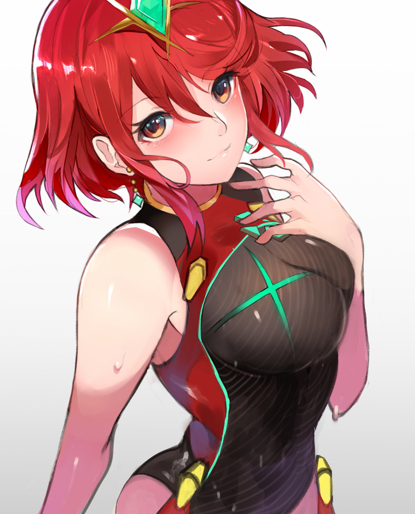 bare_arms bare_shoulders blush breasts brown_eyes closed_mouth commentary_request earrings female hand_up highres jewelry looking_at_viewer medium_breasts one-piece_swimsuit pyra_(xenoblade) red_hair short_hair simple_background sleeveless smile solo swimsuit tarbo_(exxxpiation) tiara upper_body water water_drop wet xenoblade_chronicles_(series) xenoblade_chronicles_2