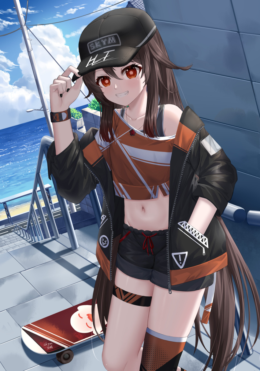 absurdres artist_name baseball_cap black_hat black_jacket black_nails blue_sky boo_tao_(genshin_impact) bra_strap brown_hair character_print clothes_writing cloud commentary_request day female genshin_impact grin groin hand_up hat highres hu_tao_(genshin_impact) jacket long_hair long_sleeves looking_at_viewer nail_polish off_shoulder open_clothes open_jacket railing red_eyes single_bare_shoulder single_thighhigh skateboard sky skym_(kumei) smile solo standing thigh_strap thighhighs thighs very_long_hair