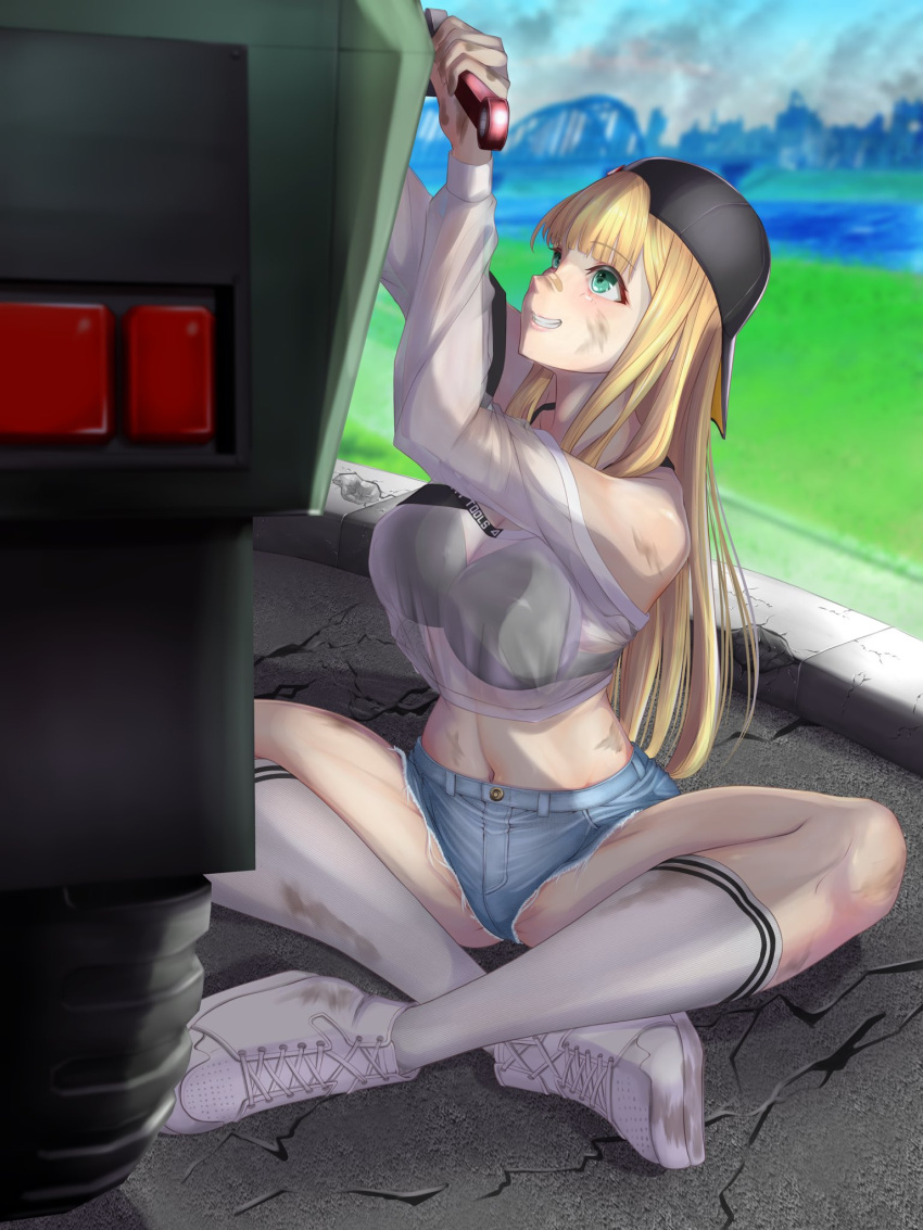 arms_up backwards_hat bandaid bandaid_on_face bandaid_on_nose bare_shoulders baseball_cap black_hat black_sports_bra blonde_hair blue_shorts blunt_bangs breasts centi_(nikke) centi_(supreme_holiday)_(nikke) clothes_writing commentary crack cracked_floor cutoffs denim denim_shorts dirty dirty_clothes dirty_face female floor full_body goddess_of_victory:_nikke grass green_eyes grin hat highres holding holding_wrench indian_style kneehighs large_breasts light_blush long_hair looking_up navel newtype_rabbit off-shoulder_shirt off_shoulder official_alternate_costume repairing see-through see-through_shirt shirt shoes short_shorts shorts sidelocks sitting smile sneakers socks solo sports_bra thighs white_shirt white_socks wrench