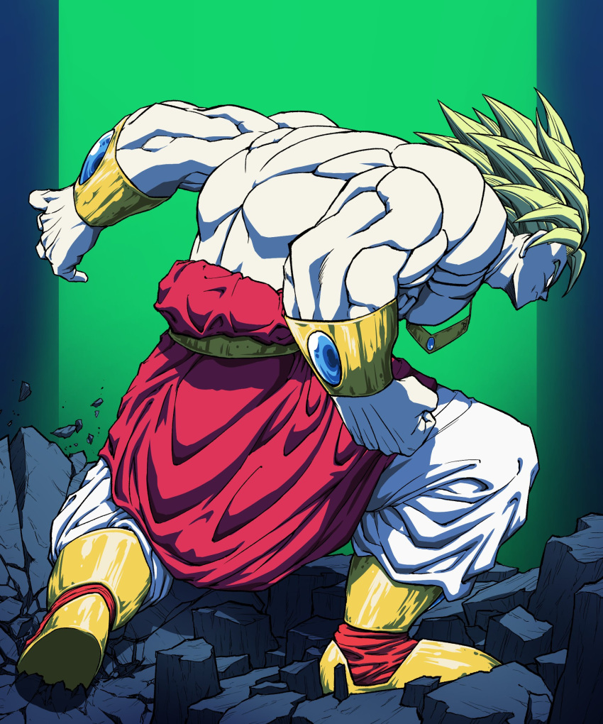 1boy absurdres bakarott blank_eyes broly_(dragon_ball_z) dragon_ball dragon_ball_z from_behind full_body green_hair green_theme highres legendary_super_saiyan male_focus muscular muscular_male solo spiked_hair standing super_saiyan topless_male