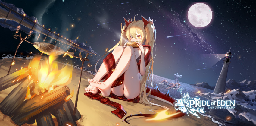 bare_legs barefoot bikini black_bikini blonde_hair butt_crack campfire clouble dragon_tail eating feet female full_body highres lighthouse lily_(pride_of_eden) long_hair long_scarf moon night official_art red:_pride_of_eden red_hair scarf soles solo swimsuit tail toes twintails very_long_hair water