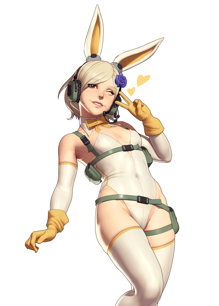 absurdres animal_ears breasts brown_eyes covered_navel detached_collar elbow_gloves fake_animal_ears female flower gloves hair_flower hair_ornament headset heart highres john_doe_(jdart) leotard looking_at_viewer metal_gear_(series) metal_gear_rising:_revengeance metal_gear_solid_4:_guns_of_the_patriots one_eye_closed platinum_blonde_hair playboy_bunny rabbit_ears short_hair small_breasts solo strapless strapless_leotard sunny_emmerich thighhighs v white_background white_leotard white_thighhighs