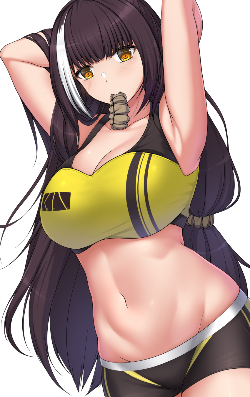 absurdres alternate_costume armpits arms_behind_head artistic_error black_shorts blush breasts brown_hair cleavage closed_mouth collarbone commission english_commentary feet_out_of_frame female girls'_frontline hair_ornament hairclip highres large_breasts long_hair looking_at_viewer mouth_hold multicolored_hair navel no_heterochromia pixiv_commission ro635_(girls'_frontline) sheita shorts solo sports_bra standing white_background yellow_eyes yellow_sports_bra