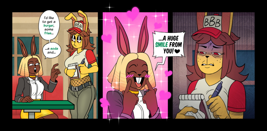 anthro big_bun_burgers blonde_hair brown_hair chloe_(ponehanon) claire_(ponehanon) clothed clothing dialogue english_text fast_food female fishnet_clothing food hair hat headgear headwear heart_after_text heart_symbol hearts_around_body hearts_around_head hi_res highlighted_text lagomorph leporid linked_speech_bubble mammal ponehanon rabbit red_eyes smile speech_bubble text text_on_clothing text_on_hat text_on_headwear text_with_heart work_clothes work_uniform