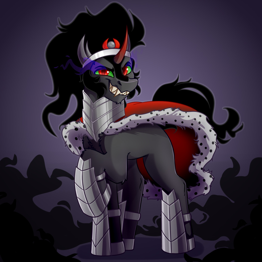 1:1 2020 absurd_res armor black_hair cape clothing crown digital_media_(artwork) equid equine fangs friendship_is_magic fur green_sclera grey_body grey_fur hair hasbro headgear hi_res horn horse king_sombra_(mlp) male mammal my_little_pony mythological_creature mythological_equine mythology pony red_eyes sharp_teeth smile solo teeth unicorn witchtaunter