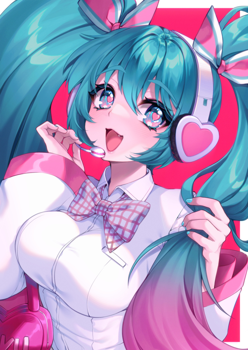 blue_eyes blue_hair blue_nails blush bow bowtie breast_pocket breasts collared_shirt fangs female gradient_hair hatsune_miku headphones heart heart-shaped_pupils highres large_breasts lips long_hair long_sleeves multicolored_hair murmoruno open_mouth pink_hair pocket shirt smile solo symbol-shaped_pupils twintails two-tone_hair upper_body vocaloid white_shirt