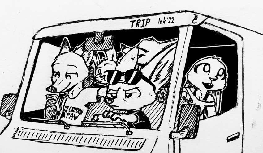 2022 absurd_res anthro black_and_white canid canine cellphone clothing disney electronics eyewear fennec_fox finnick_(zootopia) fox fur group hi_res holding_cellphone holding_object holding_phone inside_vehicle jack_savage judy_hopps lagomorph leporid mammal monochrome nick_wilde open_mouth open_smile phone rabbit red_fox shirt skye_(zootopia) smile sunglasses t-shirt theblueberrycarrots topwear true_fox vehicle zootopia