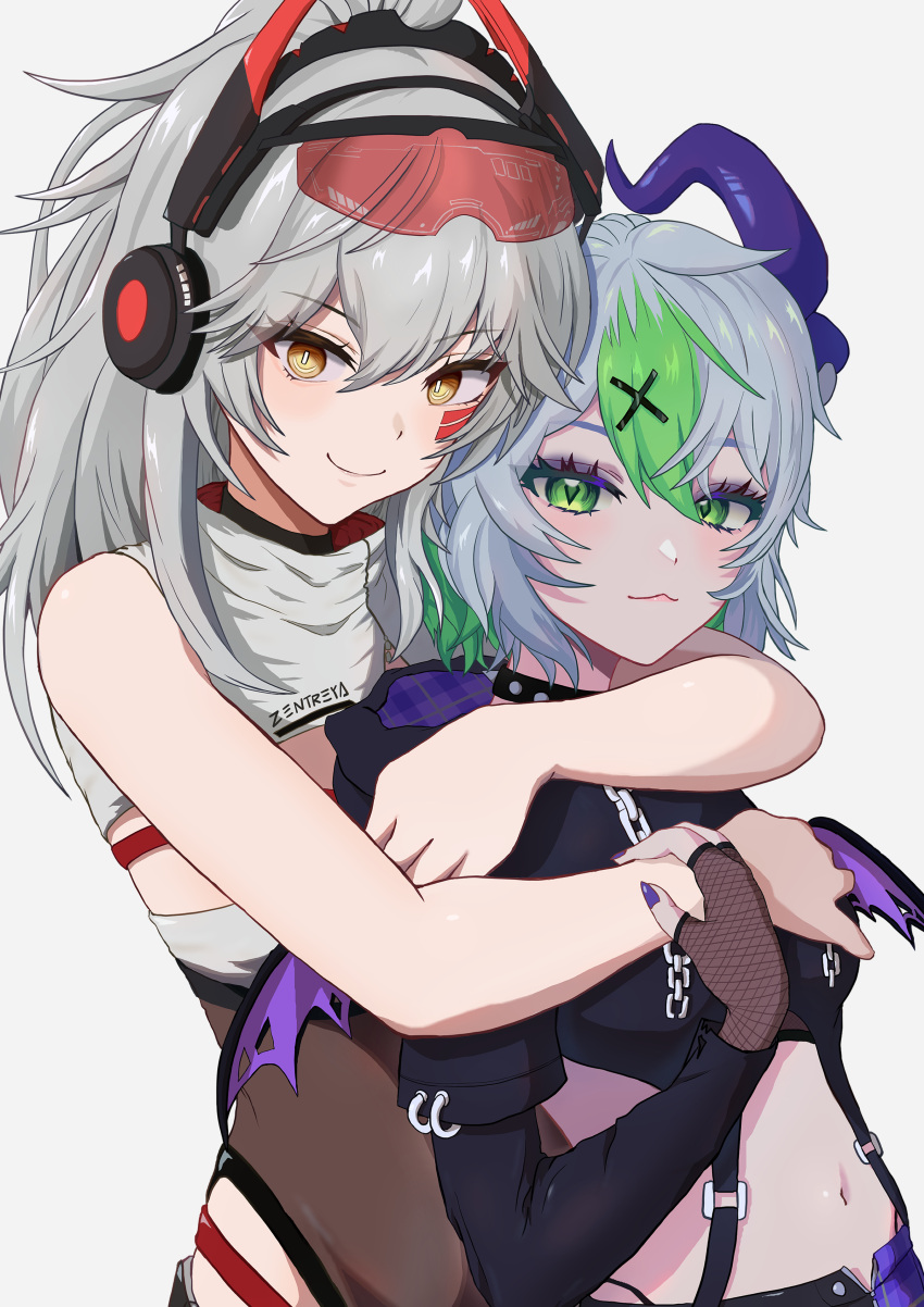 2girls :3 absurdres apricot_the_lich apricot_the_lich_(8th_costume) breasts cropped_hoodie cropped_shirt demon_girl demon_horns demon_wings fishnets green_eyes grey_hair hair_ornament headset highres hood hoodie horns hug hug_from_behind large_breasts leotard long_hair looking_at_viewer medium_hair meibin multicolored_hair multiple_girls multiple_horns nail_polish navel purple_nails see-through see-through_leotard smile streaked_hair turtleneck virtual_youtuber vshojo wings x_hair_ornament yellow_eyes zentreya zentreya_(cyborg) zentreya_(cyborg)_(2nd_costume)