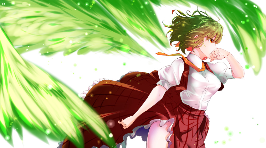 ascot covered_mouth cowboy_shot detached_wings energy_wings female green_hair green_wings hand_on_own_face highres itocoh kazami_yuuka kioh_gyoku medium_hair orange_ascot plaid plaid_skirt plaid_vest red_eyes seihou shirt short_sleeves simple_background skirt solo touhou vest wavy_hair white_background white_shirt wings