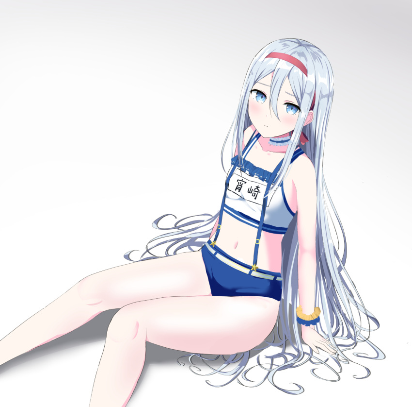 adapted_costume blue_eyes blue_shorts blush camisole closed_mouth commentary_request crop_top feet_out_of_frame female gradient_background grey_background grey_hair hair_between_eyes hashire!_taiikumatsuri!_~jikkou_iin_wa_ooisogashi~_(project_sekai) headband highres knees_together_feet_apart long_hair looking_at_viewer midriff morerin navel parted_bangs pink_headband project_sekai short_shorts shorts sitting solo suspender_shorts suspenders very_long_hair white_background white_camisole yoisaki_kanade