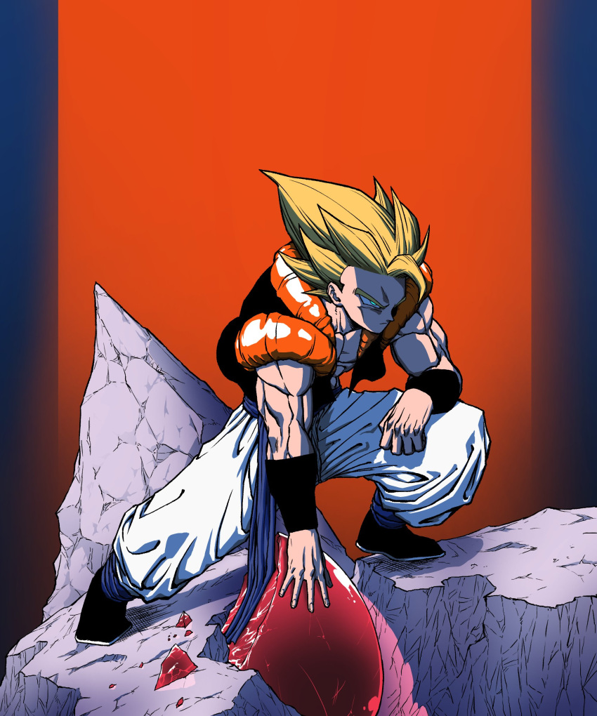 1boy absurdres bakarott blonde_hair blue_sash dragon_ball dragon_ball_z full_body gogeta highres male_focus metamoran_vest orange_theme pants sash solo spiked_hair standing super_saiyan super_saiyan_1 white_pants