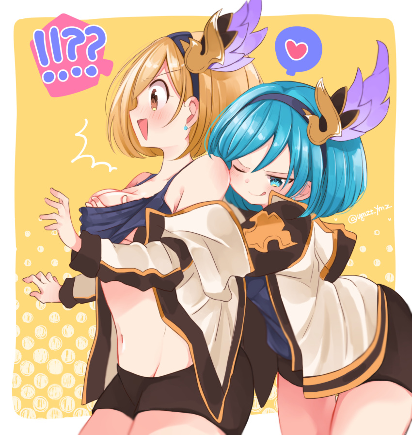 !? 2girls ;p bad_id bad_pixiv_id bike_shorts blonde_hair blue_eyes blue_hair bob_cut breasts brown_eyes casual commentary_request conqueror_of_the_eternals contemporary djeeta_(granblue_fantasy) dual_persona grabbing grabbing_another's_breast granblue_fantasy guider_to_the_eternal_edge hair_ornament hairband heart highres hood hooded_jacket jacket multiple_girls navel one_eye_closed open_mouth selfcest spoken_heart spoken_interrobang surprised tongue tongue_out umazuta yuri