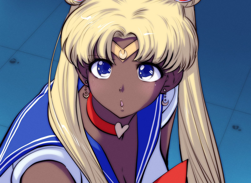 alternate_skin_color bad_id bad_twitter_id bishoujo_senshi_sailor_moon bishoujo_senshi_sailor_moon_s blonde_hair breasts choker cleavage dark-skinned_female dark_skin derivative_work earrings female forehead_protector hair_over_shoulder heart heart_choker highres jewelry long_hair looking_at_viewer magical_girl meme open_mouth sailor_collar sailor_moon sailor_moon_redraw_challenge_(meme) sailor_senshi_uniform screenshot_redraw solo souryu tsukino_usagi twintails upper_body