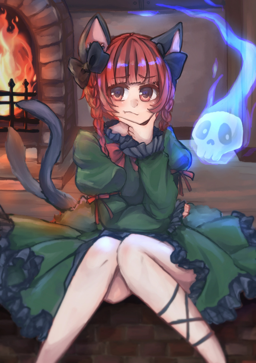 animal_ears black_bow black_ribbon blunt_bangs blush bow bowtie braid cat_ears cat_tail commentary dress feet_out_of_frame female fire fireplace frilled_dress frills green_dress hairbow hand_on_own_chin highres hitodama kaenbyou_rin knees_together_feet_apart leg_ribbon long_hair long_sleeves looking_at_viewer multiple_tails nekomata nemuta_muu red_bow red_bowtie red_eyes red_hair red_nails red_ribbon ribbon solo tail thinking touhou twin_braids two_tails