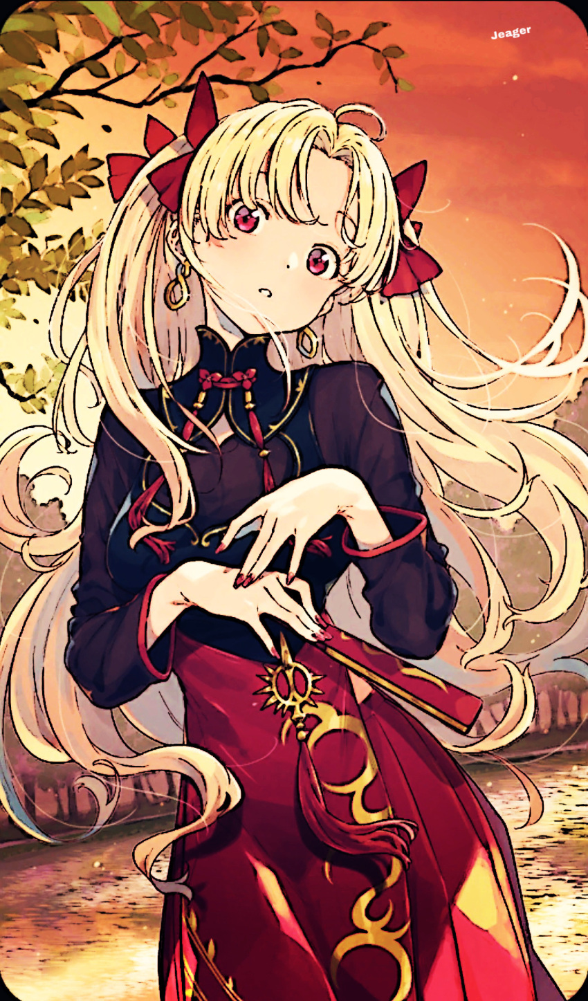 blonde_hair bougainvillea_(flower) copyright_name craft_essence_(fate) ereshkigal_(fate) ereshkigal_(youming_niangniang)_(fate) fate/grand_order fate_(series) female flower high_collar highres jewelry meslamtaea_(weapon) non-web_source red_eyes red_flower red_skirt resized skirt solo third-party_edit third-party_watermark upscaled