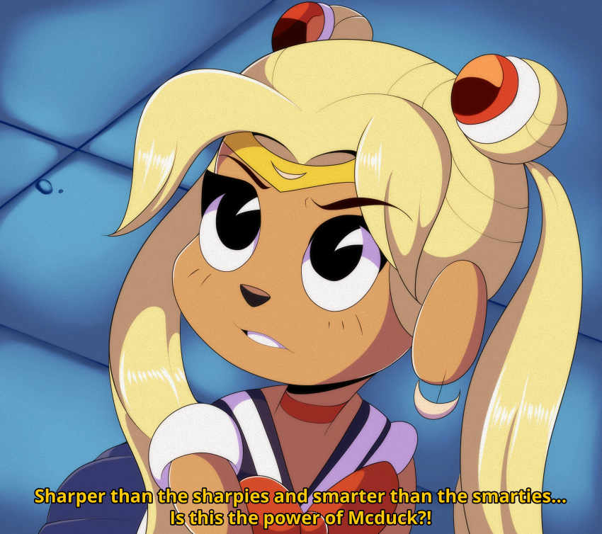 absurd_res anthro asian_clothing blonde_hair canid canine canis caption clothing cosplay dialogue disney domestic_dog ducktales ducktales_(2017) east_asian_clothing english_text fake_screencap fauxanne female hair hi_res japanese_clothing japanese_school_uniform mammal meme npczoey redraw sailor_moon_(series) sailor_moon_redraw_challenge school_uniform screencap_redraw serafuku solo subtitled text uniform