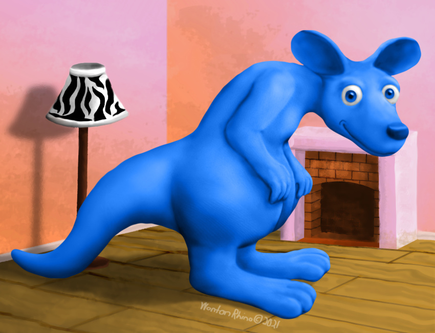 2021 aged_up anthro big_ears big_feet big_tail blue_body building clay clay_creature detailed_background eye_contact featureless_crotch feet goo_creature hands_on_knees hands_on_legs hi_res house inside kangaroo leaning leaning_forward living_room looking_at_another looking_at_viewer macro macropod male mammal marsupial nickelodeon nude nude_male shaded shaded_background smile smiling_at_viewer tail thick_thighs toony wontonrhino