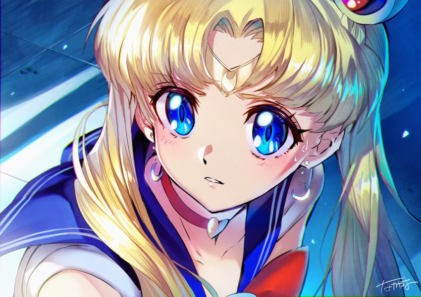 bishoujo_senshi_sailor_moon bishoujo_senshi_sailor_moon_s blonde_hair blue_eyes blue_sailor_collar blush choker collarbone commentary crescent crescent_earrings derivative_work diadem earrings female hair_bun hair_over_shoulder heart heart_choker jewelry long_hair magical_girl meme nakayama_yuuji red_choker sailor_collar sailor_moon sailor_moon_redraw_challenge_(meme) sailor_senshi_uniform screenshot_redraw signature single_hair_bun solo tsukino_usagi twintails upper_body