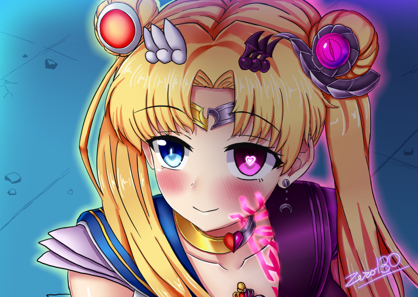 artist_name bishoujo_senshi_sailor_moon bishoujo_senshi_sailor_moon_s blonde_hair blue_background blue_eyes blue_sailor_collar blush choker circlet corruption crescent crescent_earrings derivative_work double_bun earrings female hair_bun hair_ornament heart heart-shaped_pupils heart_choker heterochromia highres jewelry long_hair looking_at_viewer meme parted_bangs purple_eyes sailor_collar sailor_moon sailor_moon_redraw_challenge_(meme) sailor_senshi_uniform school_uniform screenshot_redraw serafuku smile solo symbol-shaped_pupils tattoo tsukino_usagi twintails upper_body zero130