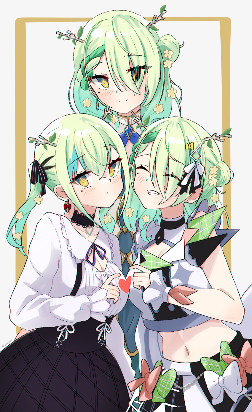 3girls absurdres antlers black_choker blue_dress blush border breasts ceres_fauna ceres_fauna_(1st_costume) ceres_fauna_(jirai_kei) choker cleavage clone closed_eyes commentary dress english_commentary flower green_hair grin hair_flower hair_ornament hair_ribbon heart highres hololive hololive_english hololive_idol_uniform_(bright) horns jirai_kei large_breasts long_hair looking_at_viewer magui3 midriff mole mole_under_eye multiple_girls navel official_alternate_costume ribbon shirt simple_background smile stomach twintails two_side_up virtual_youtuber white_background white_shirt yellow_eyes