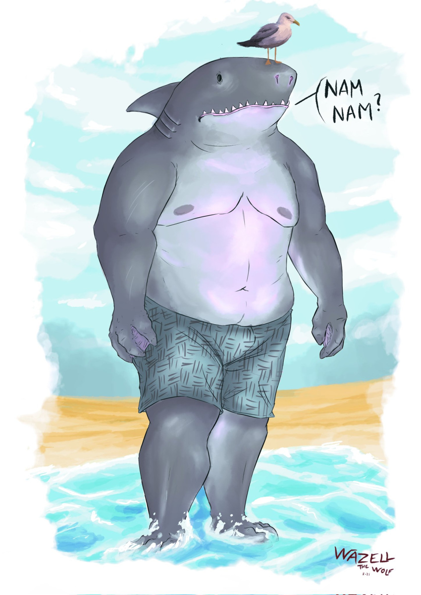 avian beach beak belly bird bottomwear clothing dc_comics fish gull hi_res humanoid king_shark lari larid male marine nanaue nipples non-mammal_nipples outside overweight seaside shark shorts solo suicide_squad water wazellthewolf