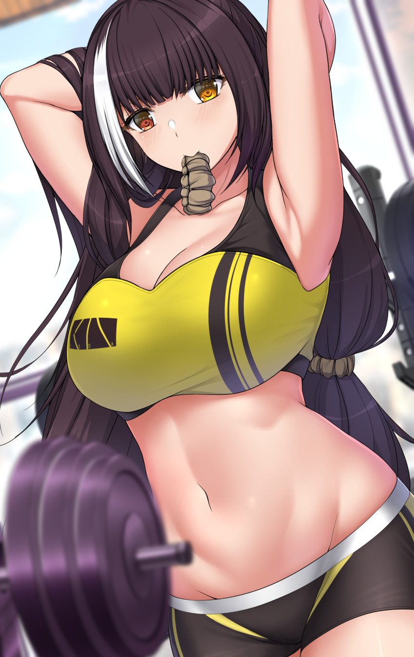 absurdres alternate_costume armpits arms_behind_head black_shorts blush breasts brown_hair cleavage closed_mouth collarbone commission english_commentary feet_out_of_frame female girls'_frontline gym hair_ornament hairclip heterochromia highres large_breasts long_hair looking_at_viewer mouth_hold multicolored_hair navel pixiv_commission red_eyes ro635_(girls'_frontline) sheita shorts simple_background solo sports_bra standing yellow_eyes yellow_sports_bra