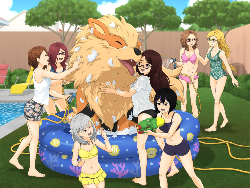 4:3 absurd_res ambiguous_gender arcanine assisted_bathing bathing bikini bikini_shorts bikini_skirt black_bikini black_clothing black_swimwear breasts bubble cleavage closed_eyes clothed clothing day emma_von_astra eyewear female feral generation_1_pokemon glasses group haosekii hi_res hose human kiddie_pool kristine_hellweissen male mammal mane midriff navel nintendo one-piece_swimsuit open_mouth outside pink_bikini pink_clothing pink_swimwear pokemon pokemon_(species) rissy ruffled_bikini shirt soap suds swimming_pool swimwear tongue tongue_out topwear toy toy_gun trainer_alice trainer_aliyah trainer_chloe trainer_iris trainer_kelly translucent translucent_clothing water water_gun wet wet_clothing wet_shirt wet_topwear yellow_bikini yellow_clothing yellow_swimwear