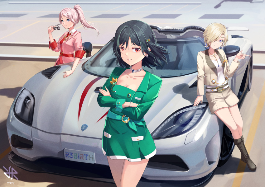 3girls belt black_hair blonde_hair breasts car cleavage coat convertible crossed_arms dress green_dress grey_coat grey_eyes grey_shorts group_name hair_over_one_eye high_ponytail highres hiroki_ree holding holding_removed_eyewear jewelry koenigsegg_(automobile) koenigsegg_agera leaning_on_object license_plate light_smile looking_at_viewer love_live! love_live!_nijigasaki_high_school_idol_club love_live!_school_idol_festival_all_stars mia_taylor mifune_shioriko motor_vehicle multiple_girls necklace product_placement r3birth_(love_live!) red_dress red_eyes shirt short_hair shorts sports_car swept_bangs unworn_eyewear vehicle_focus vroom_vroom_(love_live!) white_shirt zhong_lanzhu