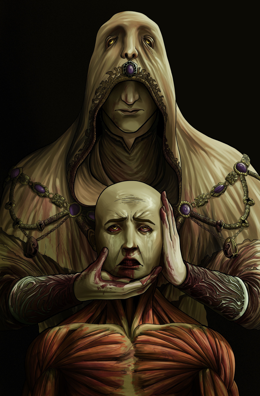 2boys absurdres bald black_background blood blood_on_face blood_on_hands borrrego bracer colored_sclera colored_skin elden_ring exposed_muscle gem godskin_apostle highres holding holding_another's_head hood hood_over_eyes hood_up hooded_robe jewelry male_focus multiple_boys pale_skin purple_gemstone red_sclera robe simple_background skinned standing white_skin yellow_eyes