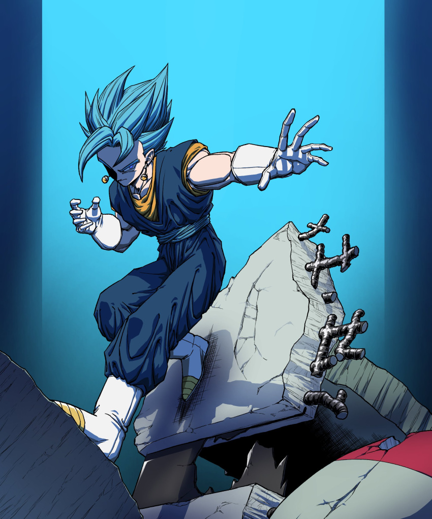 1boy absurdres bakarott blue_theme boots dougi dragon_ball dragon_ball_super earrings full_body gloves highres jewelry male_focus potara_earrings sash solo spiked_hair super_saiyan super_saiyan_blue vegetto white_footwear white_gloves