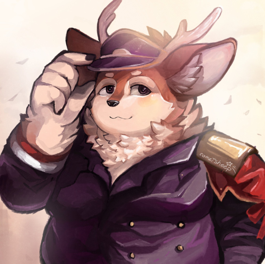 2021 anthro belly blush brown_body brown_fur clothing cometsheep deer fur half-length_portrait hat headgear headwear hi_res humanoid_hands kazusa male mammal overweight overweight_male portrait shirt simple_background solo tamacolle topwear