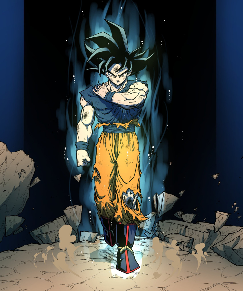 1boy aura bakarott battle_damage black_hair black_theme boots closed_mouth dougi dragon_ball dragon_ball_super full_body highres male_focus rock sash serious solo son_goku torn_clothes ultra_instinct walking wristband