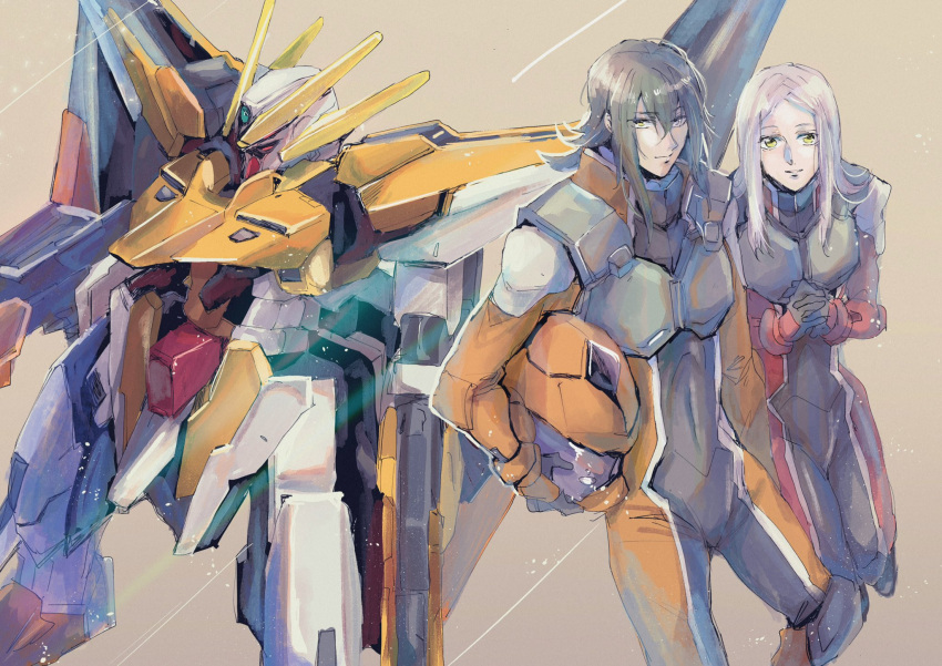 1boy allelujah_haptism bodysuit commentary extra_eyes female green_hair grey_eyes gundam gundam_00 gundam_00_a_wakening_of_the_trailblazer gundam_harute helmet heterochromia highres holding holding_helmet kare_(0621utak) long_hair looking_at_viewer looking_down marie_parfacy mecha mobile_suit normal_suit orange_bodysuit own_hands_clasped own_hands_together pilot_suit red_bodysuit red_eyes robot science_fiction simple_background symbol-only_commentary v-fin white_hair yellow_eyes