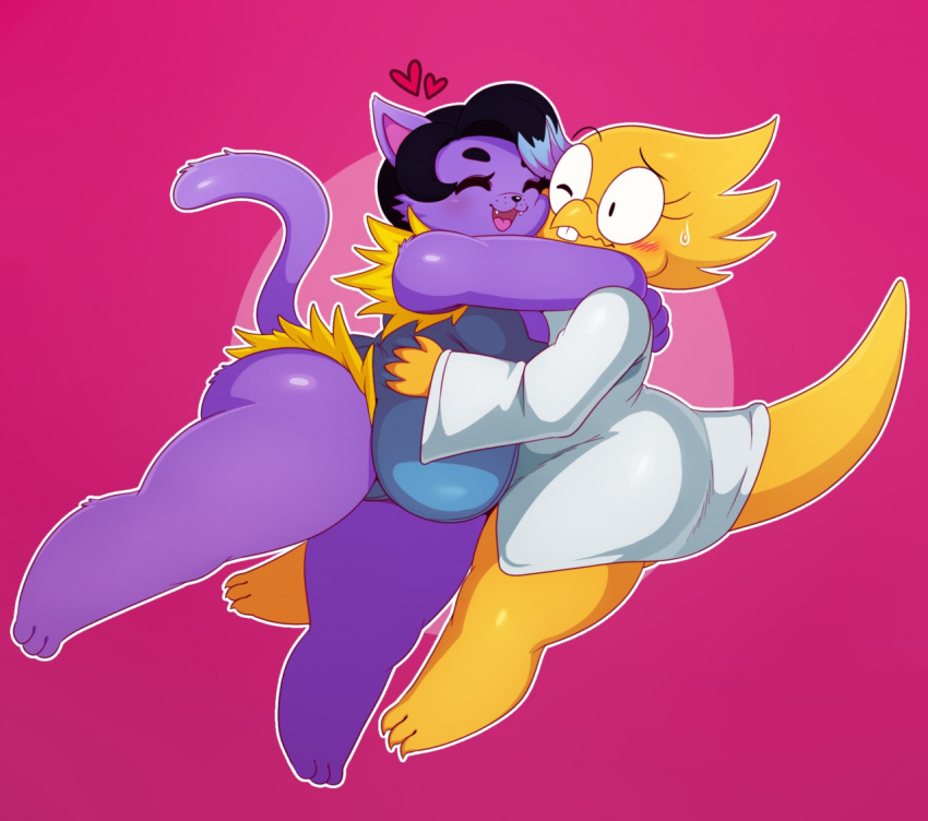 2girls 3_toes 4_fingers alphys anthro anthro_only ass barefoot big_ass big_breasts big_butt black_hair blue_hair blush catty_(undertale) closed_eyes clothing coat cute domestic_cat duo embrace eyewear fangs feet felid feline felis female female/female female_only females_only fingers fur glasses hair heart hug hugging lab_coat lizard magenta_background mammal multicolored_hair open_mouth pink_background purple_body purple_fur purple_hair reptile scales scalie sfw simple_background slightly_chubby smile smiling solid_color_background sssonic2 sweat sweatdrop tagme teeth toes tongue topwear two_tone_hair undertale undertale_(series) video_games wholesome yellow_body yellow_scales yellow_skin