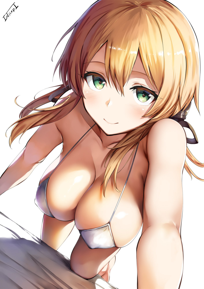 all_fours artist_name bangs bare_legs bare_shoulders bikini_top black_ribbon blonde_hair blush breasts cleavage closed_mouth collarbone dutch_angle female foreshortening green_eyes hair_between_eyes hair_ribbon highres kantai_collection large_breasts lolicept long_hair looking_at_viewer low_twintails prinz_eugen_(kantai_collection) ribbon sidelocks simple_background smile solo twintails white_background white_bikini_top