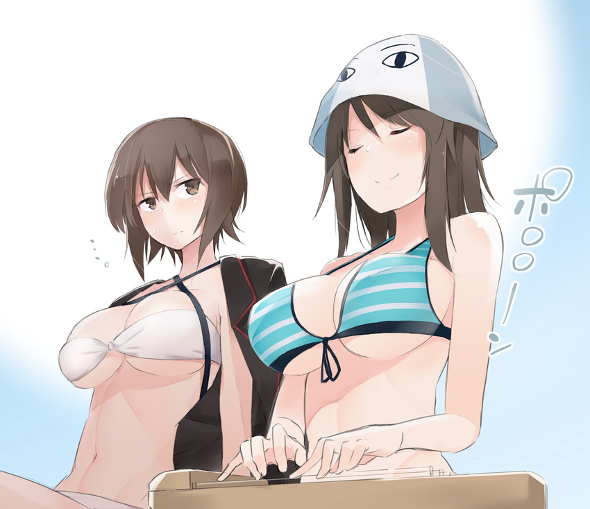 ... 2girls bandeau bare_shoulders bikini blue_background blue_bikini blue_headwear breasts brown_eyes brown_hair cleavage closed_eyes commentary_request criss-cross_halter egyptian egyptian_mythology front-tie_top girls_und_panzer gradient_background halterneck has_bad_revision has_cropped_revision hat highres instrument jacket jacket_on_shoulders kantele kuromorimine_military_uniform large_breasts long_hair md5_mismatch medjed_(mythology) mika_(girls_und_panzer) military military_uniform multiple_girls muteki_soda nishizumi_maho resolution_mismatch short_hair smile source_smaller striped_bikini striped_clothes sweatdrop swimsuit tulip_hat underboob uniform white_background white_bikini