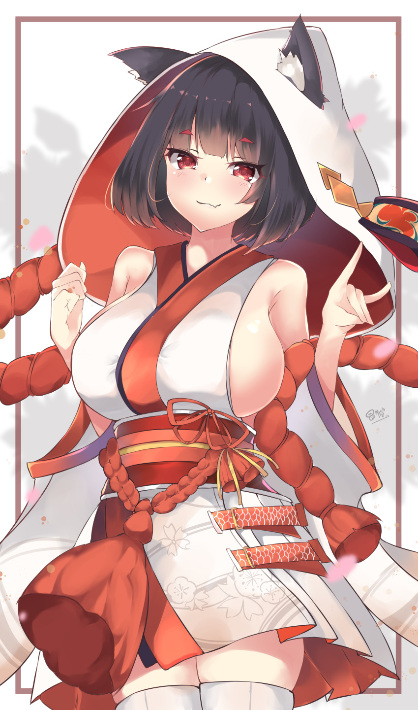 :3 absurdres animal_ear_fluff animal_ears azur_lane bad_id bad_pixiv_id bare_shoulders black_hair blush breasts cat_ears closed_mouth commentary_request detached_sleeves ears_through_headwear eyes_visible_through_hair fang_out female hands_up head_tilt highres hood japanese_clothes kimono large_breasts long_sleeves looking_at_viewer mismatched_eyebrows mushpz oerba_yun_fang official_alternate_costume red_eyes sideboob sideless_kimono smile solo thighhighs thighs uchikake wataboushi white_kimono white_thighhighs wide_sleeves yamashiro_(azur_lane) yamashiro_(bridal_attack!)_(azur_lane)