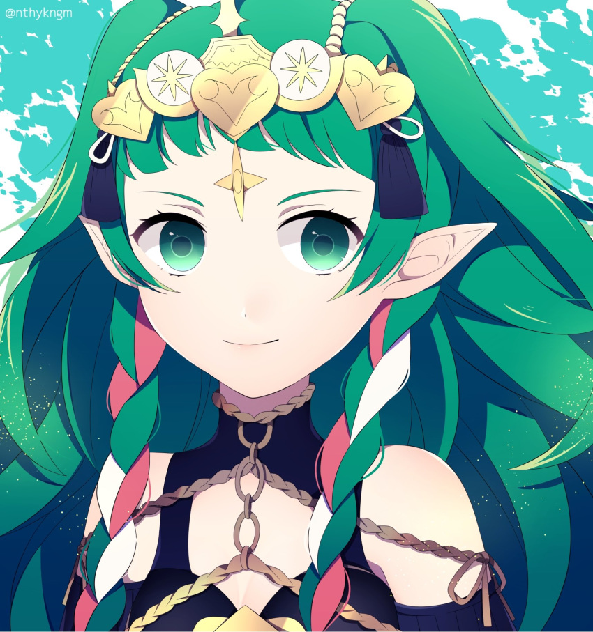 bad_id bad_twitter_id braid closed_mouth commentary_request crml_orng female fire_emblem fire_emblem:_three_houses green_eyes green_hair hair_ribbon highres long_hair pointy_ears portrait red_ribbon ribbon ribbon_braid smile solo sothis_(fire_emblem) tiara twin_braids twitter_username white_ribbon