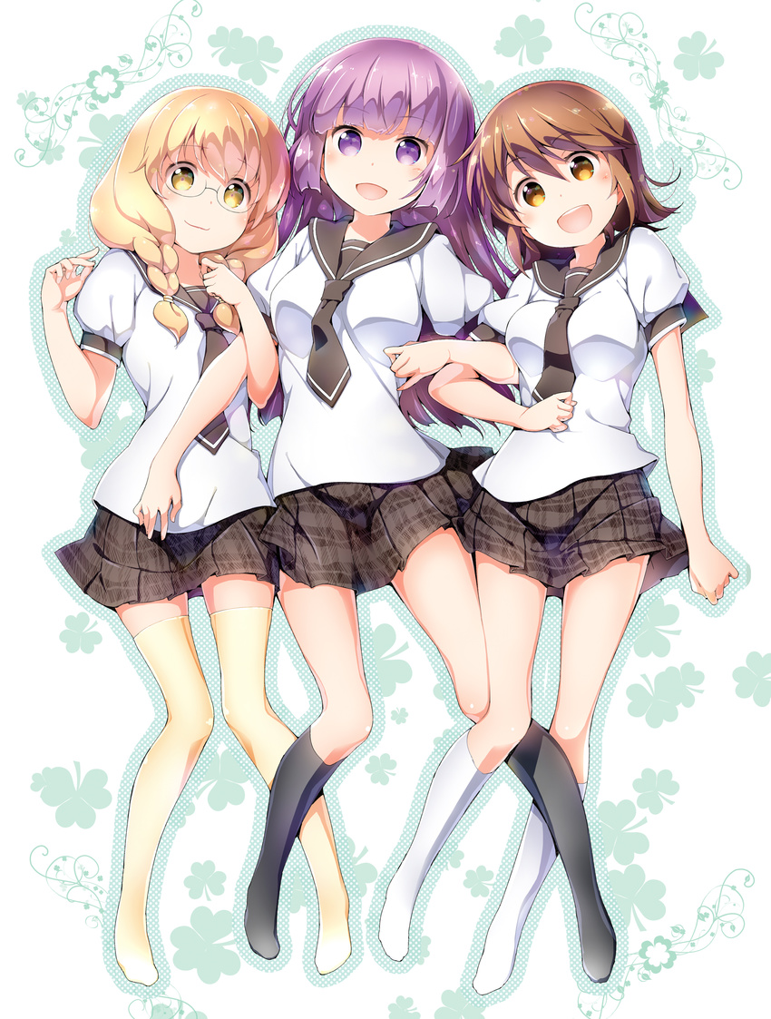 3girls :d absurdres akata_itsuki black_legwear black_necktie blonde_hair blush braid breasts brown_eyes brown_hair brown_skirt closed_mouth clover_(flower) commentary_request eyebrows flower full_body girl_sandwich glass glasses hayama_teru head_tilt highres kneehighs locked_arms looking_at_viewer medium_breasts multiple_girls necktie nishikawa_youko no_shoes odagiri_futaba open_mouth plaid plaid_skirt pleated_skirt puffy_short_sleeves puffy_sleeves purple_eyes purple_hair rimless_eyewear sandwiched sansha_san'you school_uniform serafuku short_sleeves skirt smile socks thighhighs twin_braids white_background white_legwear yellow_eyes yellow_legwear