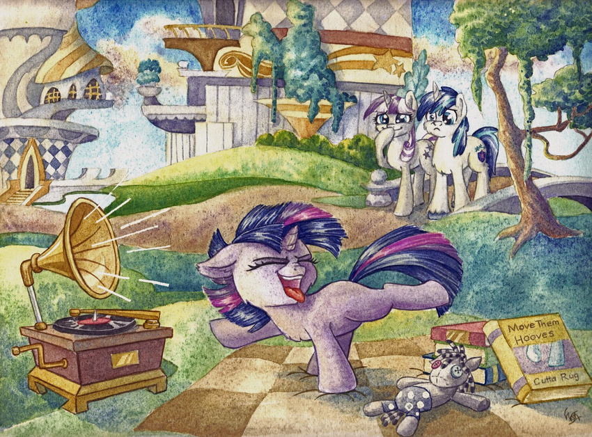 2016 book canterlot dancing detailed_background doll equid equine female feral friendship_is_magic gramophone group hasbro horn male mammal my_little_pony mythological_creature mythological_equine mythology outside plushie record_player shining_armor_(mlp) smartypants_(mlp) the-wizard-of-art traditional_media_(artwork) twilight_sparkle_(mlp) twilight_velvet_(mlp) unicorn young