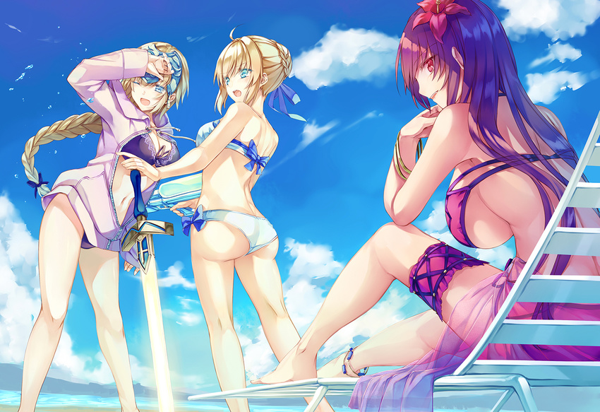 3girls :o ;d ahoge arm_up artoria_pendragon_(fate) artoria_pendragon_(swimsuit_archer)_(fate) artoria_pendragon_(swimsuit_archer)_(first_ascension)_(fate) ass bare_back bare_shoulders beach bikini blonde_hair blue_bow blue_eyes blue_ribbon blue_sky bow braid breasts bridal_garter chair cloud cloudy_sky commentary_request day excalibur_(fate/stay_night) fate/apocrypha fate/grand_order fate_(series) hair_ribbon hairbow halterneck headpiece hood hoodie jeanne_d'arc_(fate) jeanne_d'arc_(white_cruising)_(fate) kneepits large_breasts long_hair looking_to_the_side lounge_chair multiple_girls navel one_eye_closed open_mouth outdoors photoshop_(medium) planted planted_sword purple_bikini purple_eyes purple_hair ribbon saijou_haruki scathach_(fate) scathach_(swimsuit_assassin)_(fate) sidelocks single_braid sitting sky smile standing swimsuit sword teeth thighs water_drop weapon white_bikini