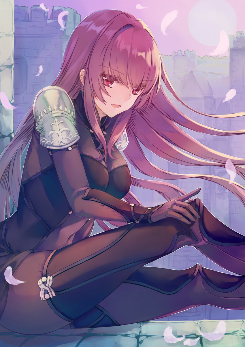 armor bodysuit breasts commentary_request day fate/grand_order fate_(series) feathers female from_side highres knee_up long_hair looking_at_viewer medium_breasts open_mouth outdoors pauldrons purple_eyes purple_hair saijou_haruki scathach_(fate) shoulder_armor sitting smile solo wind wind_lift